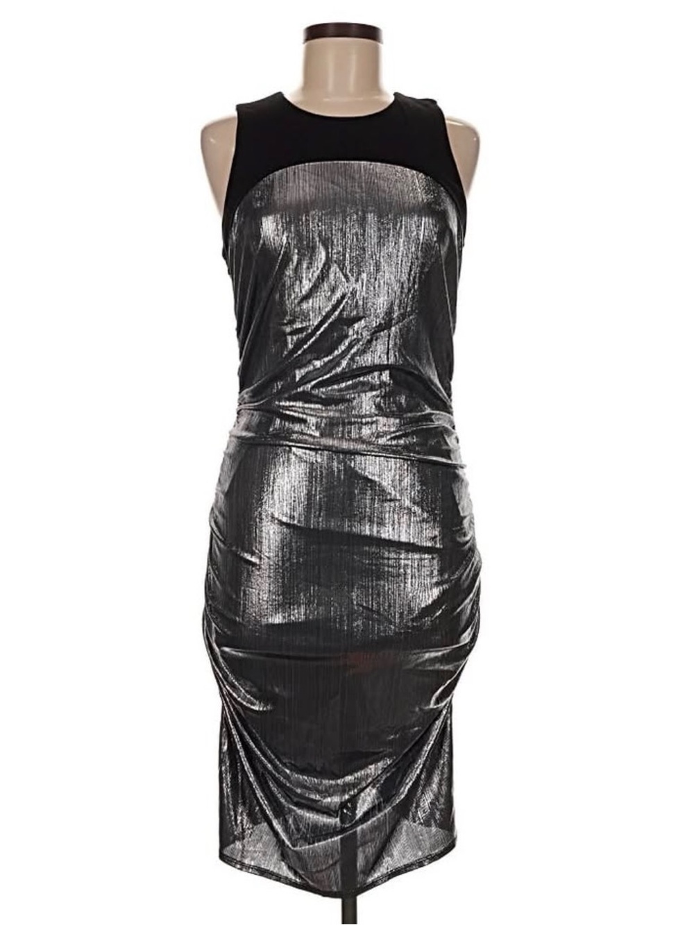NWT-BCBG Max Azria metallic draped sheath dress- gunmetal/black style2WX5D20-GNB - Picture 5 of 10